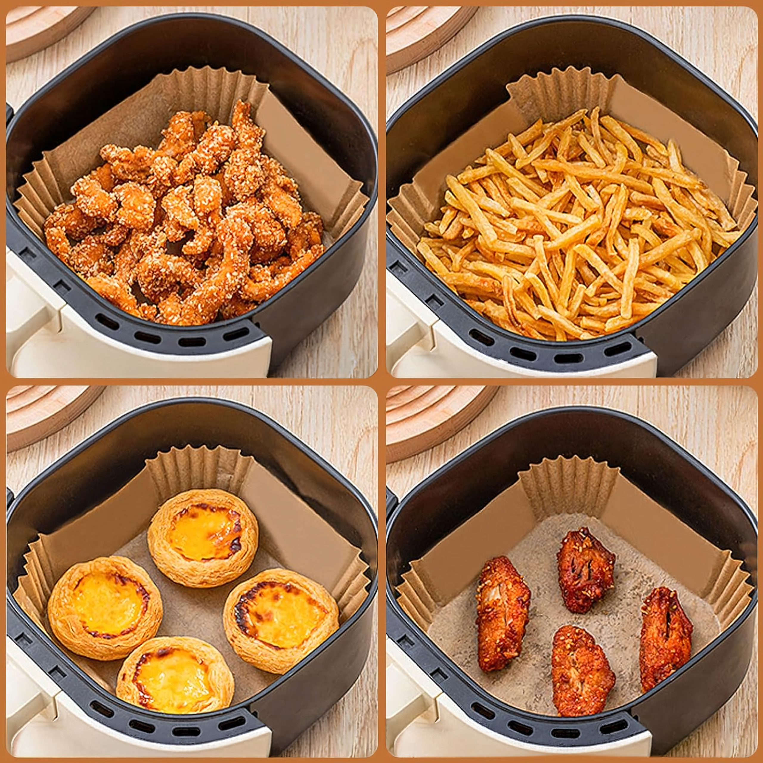Wkłady papierowe do frytkownicy beztłuszczowej (Air Fryer) 20x20 cm – zestaw 100 sztuk