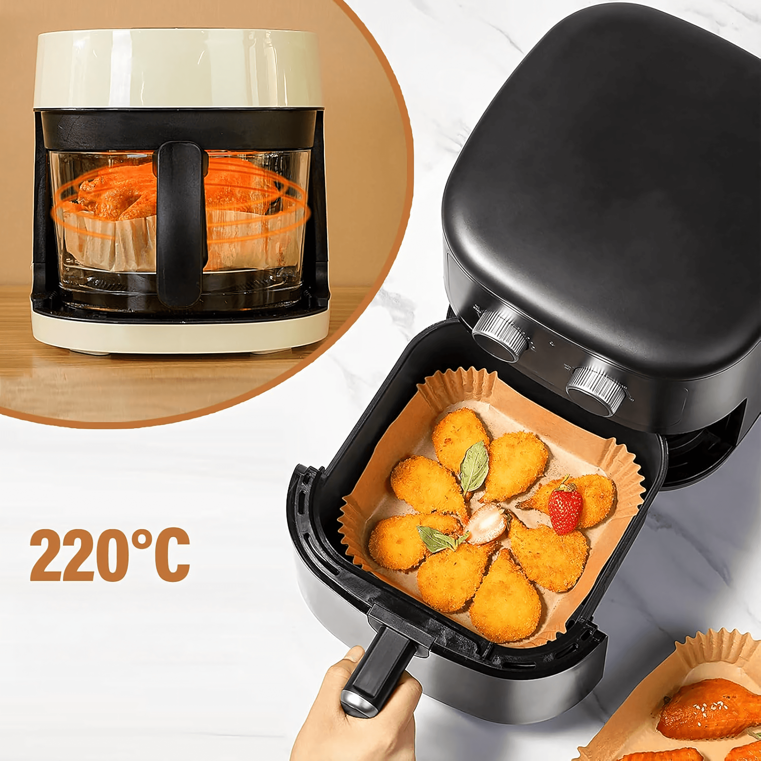Wkłady papierowe do frytkownicy beztłuszczowej (Air Fryer) 20x20 cm – zestaw 100 sztuk