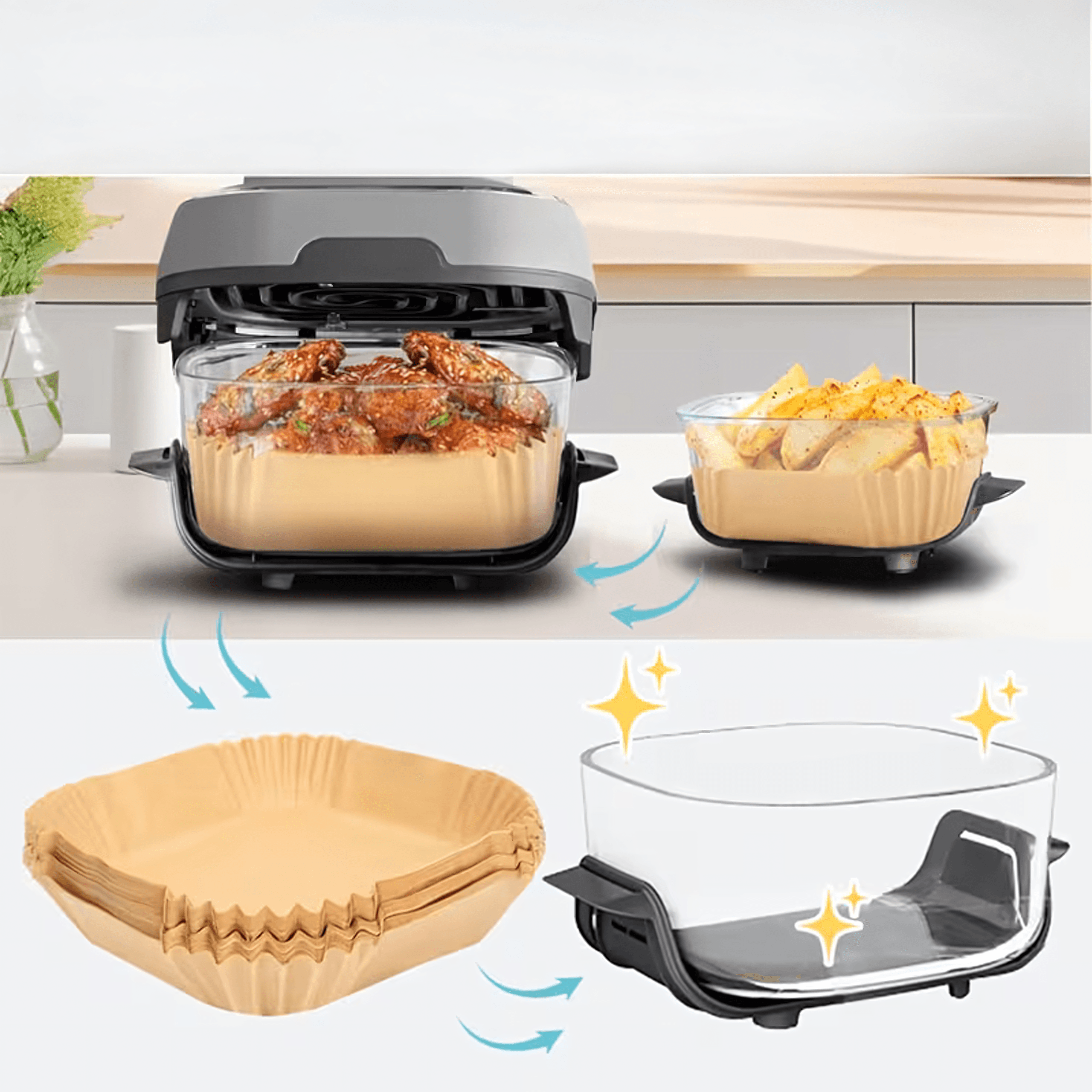 Wkłady papierowe do frytkownicy beztłuszczowej (Air Fryer) 20x20 cm – zestaw 100 sztuk