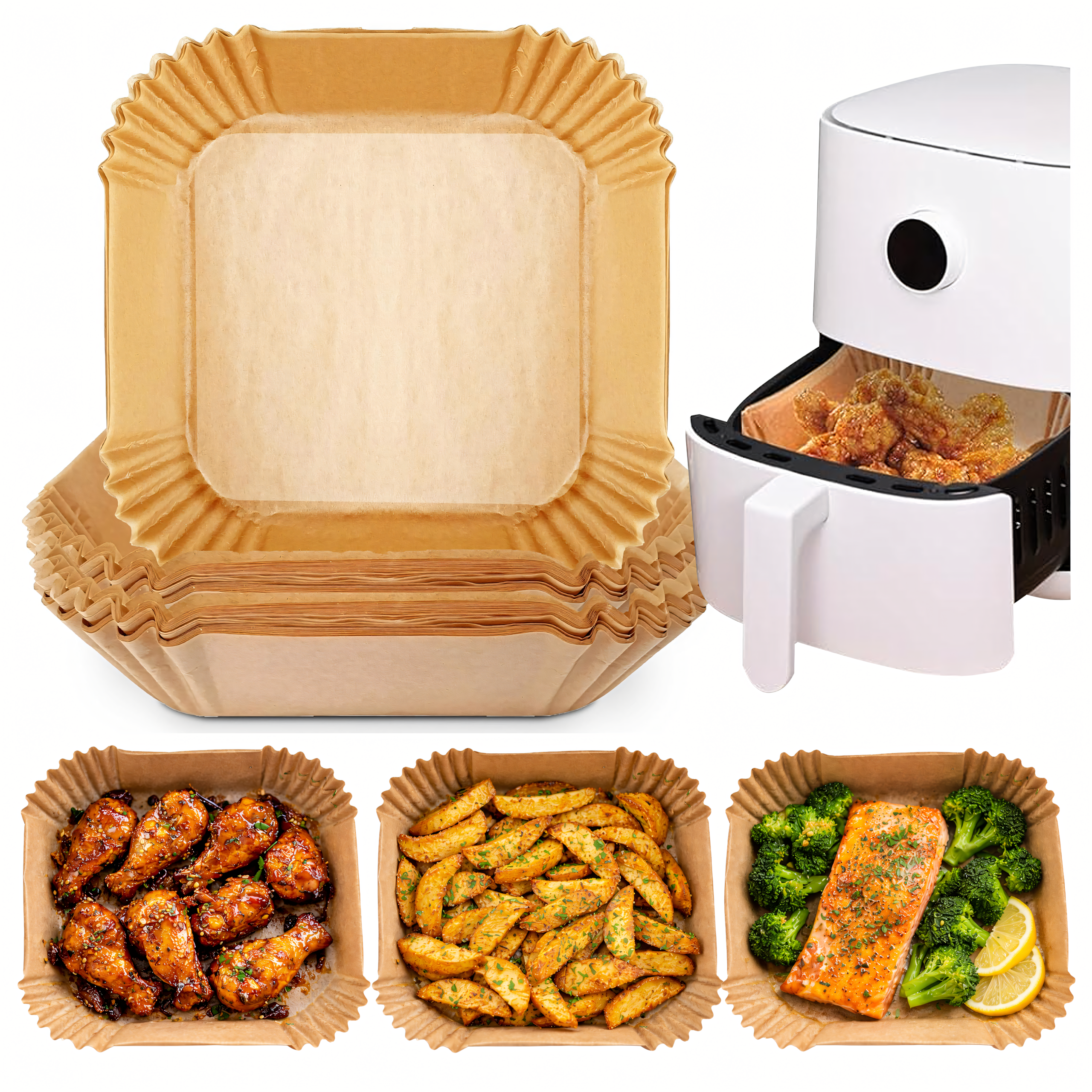 Wkłady papierowe do frytkownicy beztłuszczowej (Air Fryer) 20x20 cm – zestaw 100 sztuk